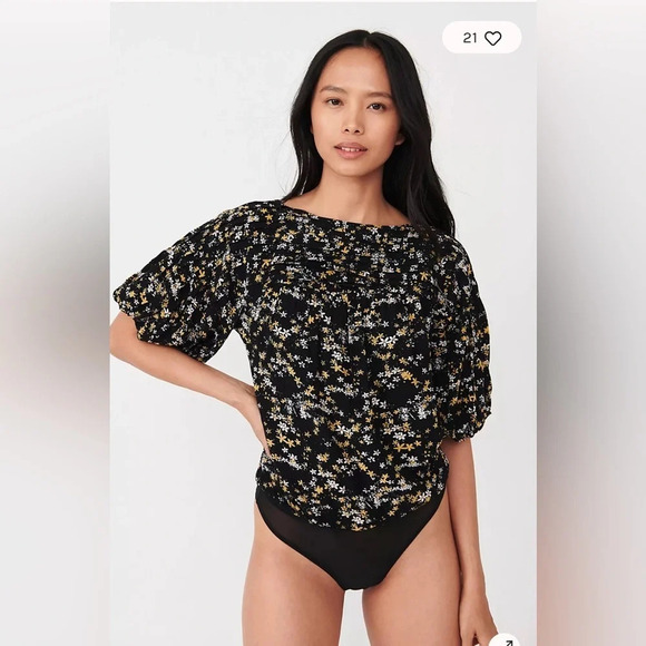 Free People Intimately Free Dessa Floral Bodysuit Black Balloon Sleeves Size Sm - Picture 3 of 14